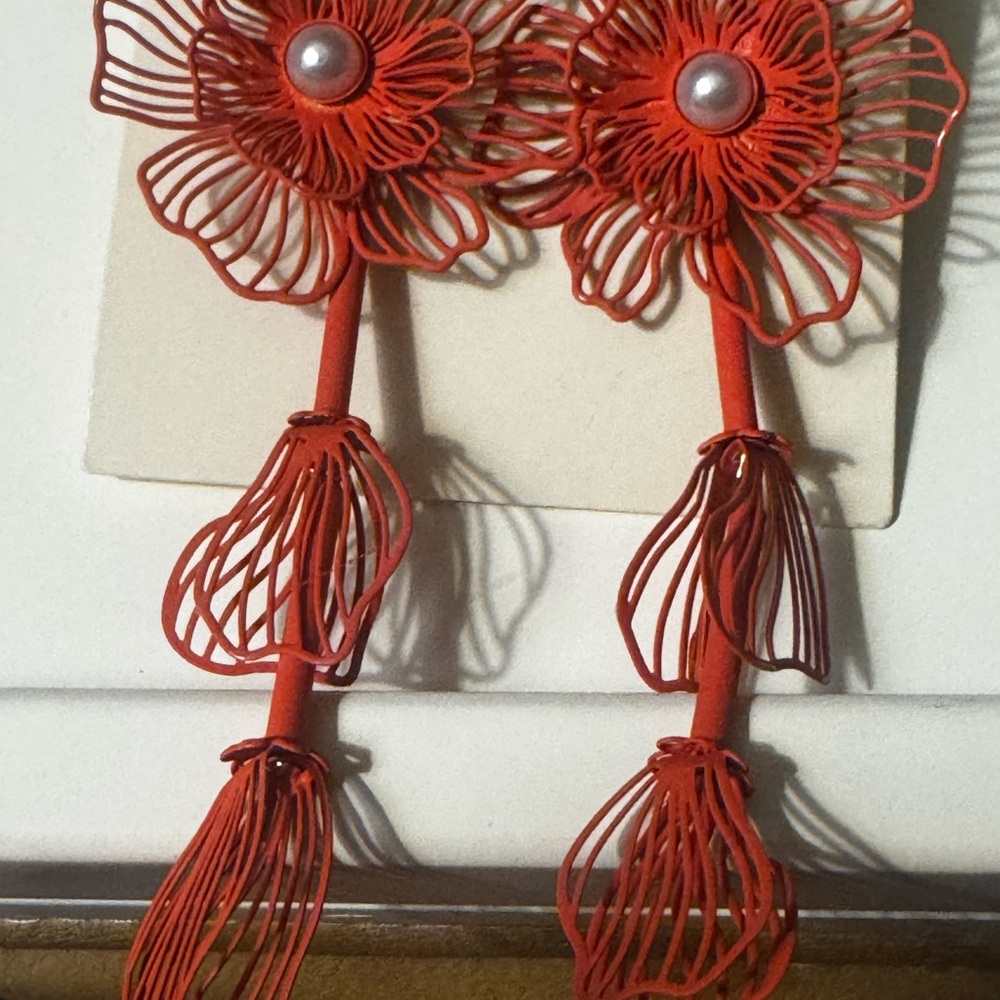 A New Day Orange Wire Flower Earrings - Picture 2 of 2